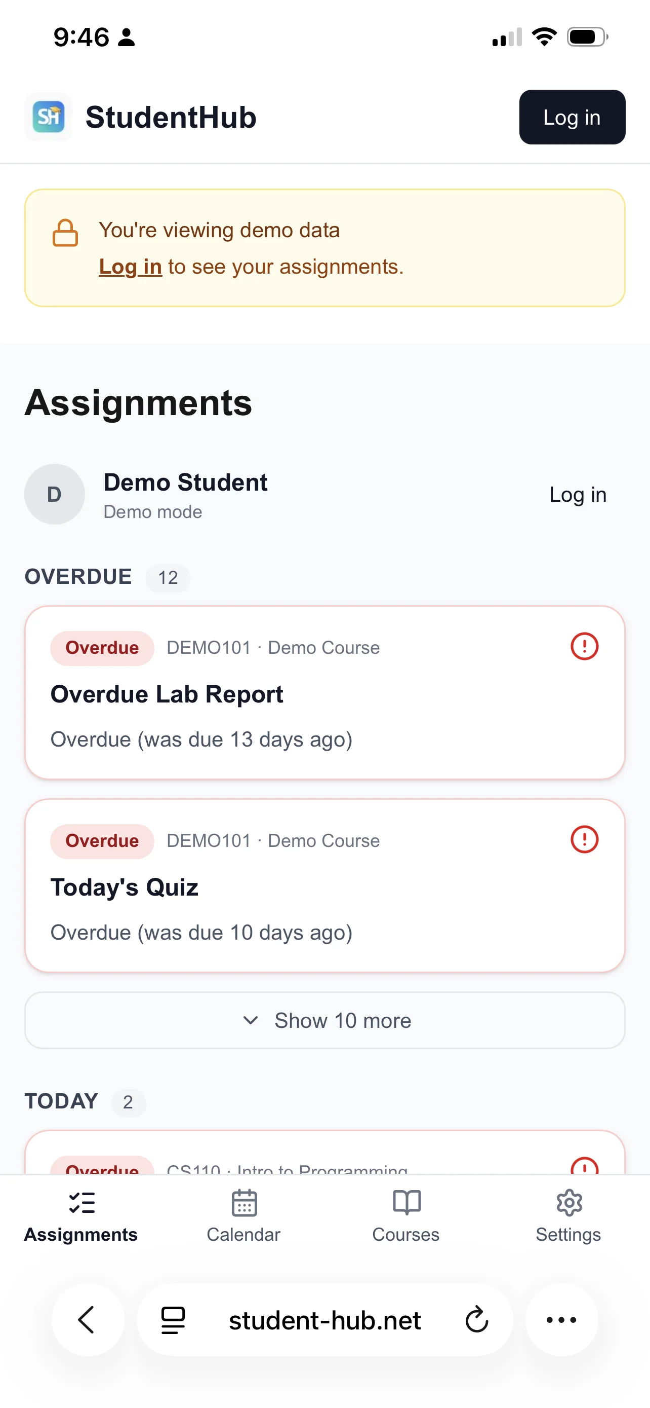 StudentHub dashboard showing assignments organized by priority with clean mobile interface