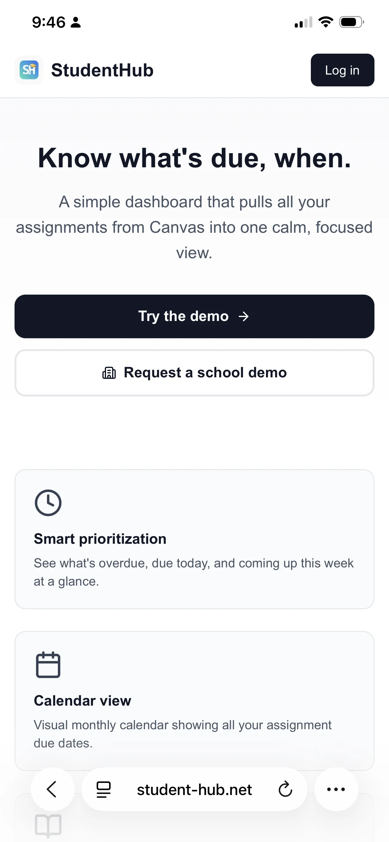 StudentHub welcome screen highlighting key features for students
